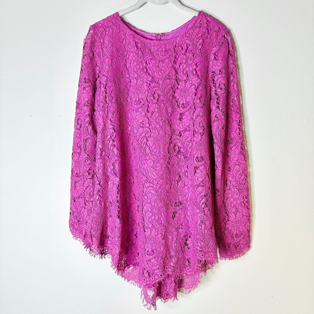 Adam Lippes Tunic Women 6 Magenta Pink Lace Blouse Top High Low Fringe Romantic